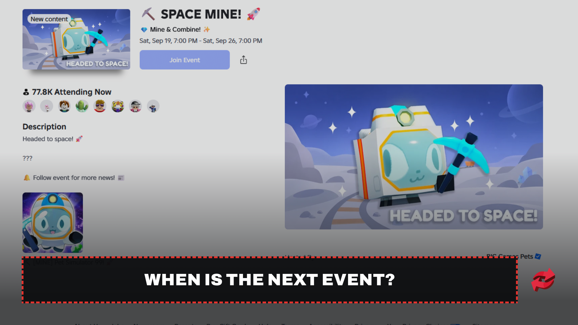 Pet Simulator 99's Space Mine event page,
