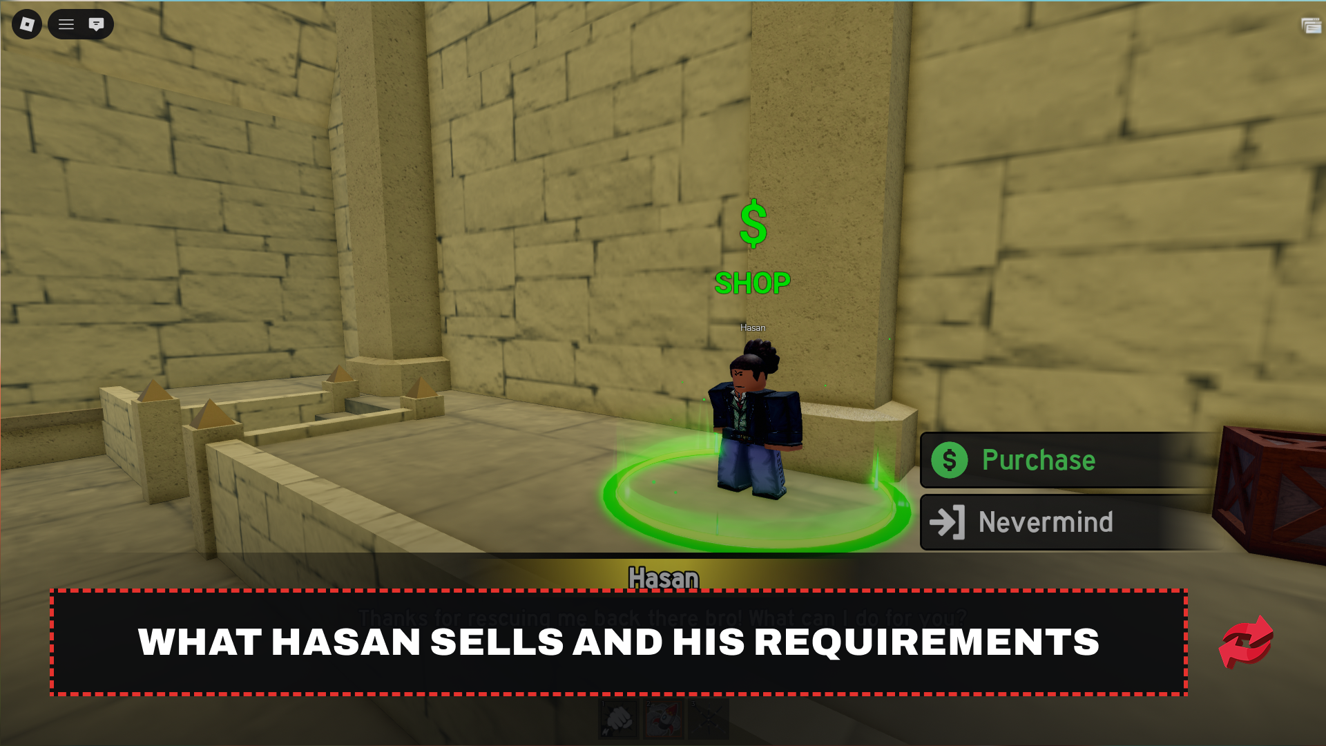 Hasan NPC shop interaction with Purchase option after being rescued