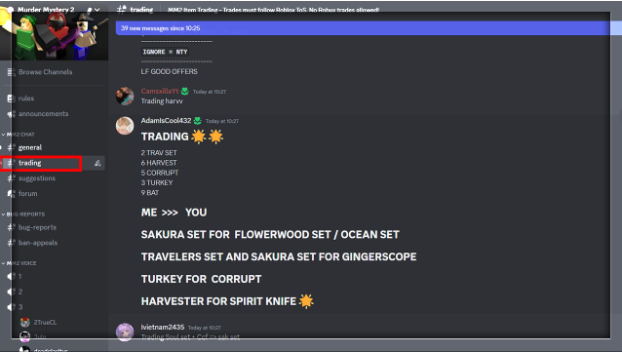 A picture of trading MM2 items on the official MM2 Discord server.