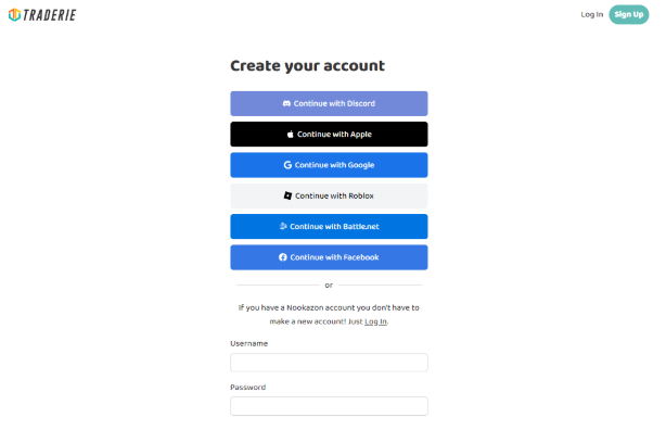 Showcasing the multiple sign-in options that Traderie offers.