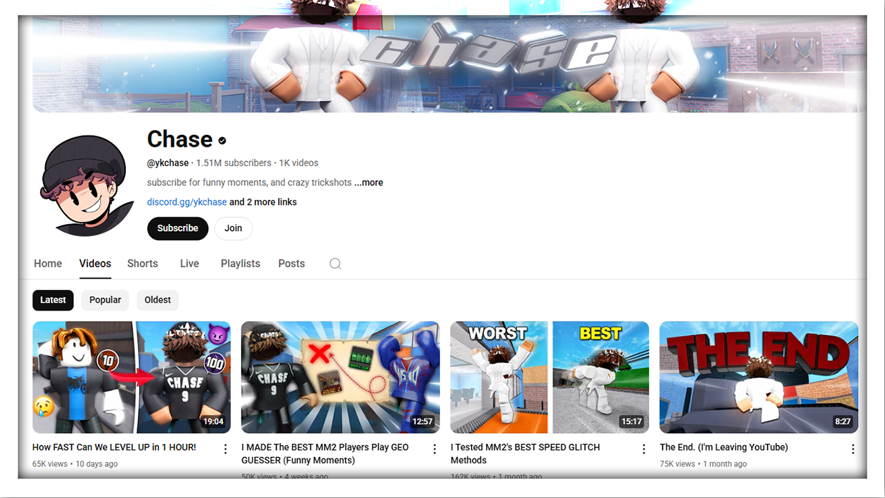 A picture of MM2 Chase's YouTube channel!